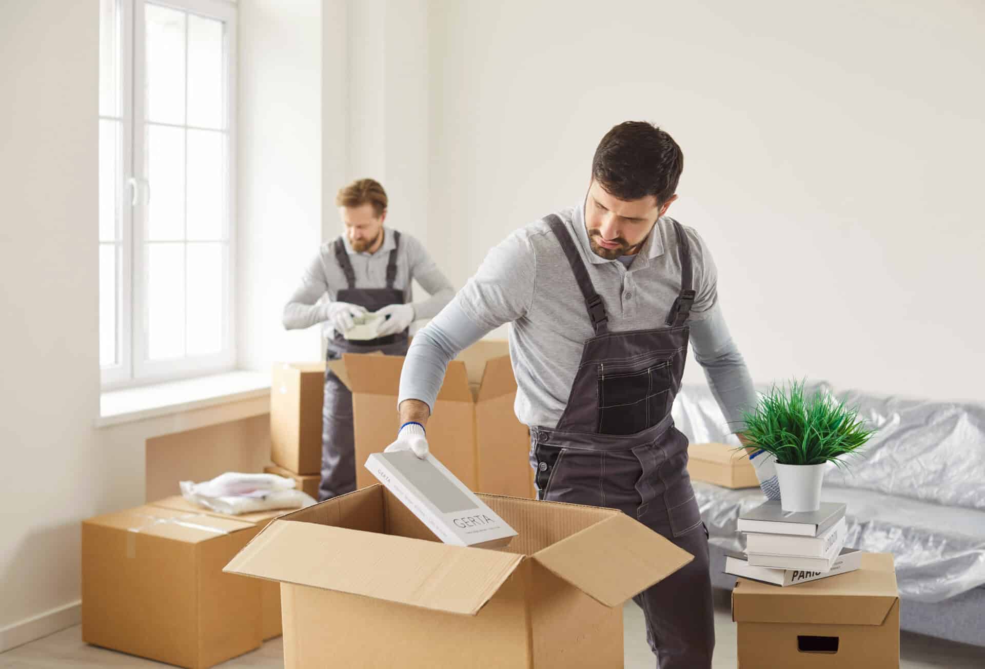 Professional removal team unpacking boxes during a business move