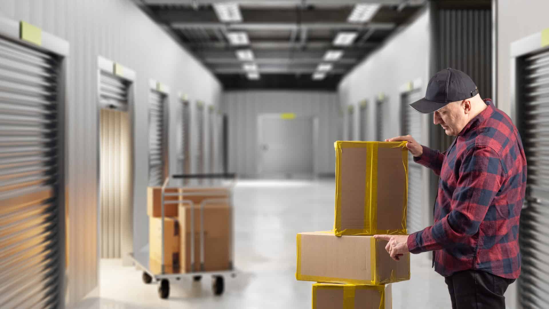 Removal worker organising boxes inside a secure storage facility